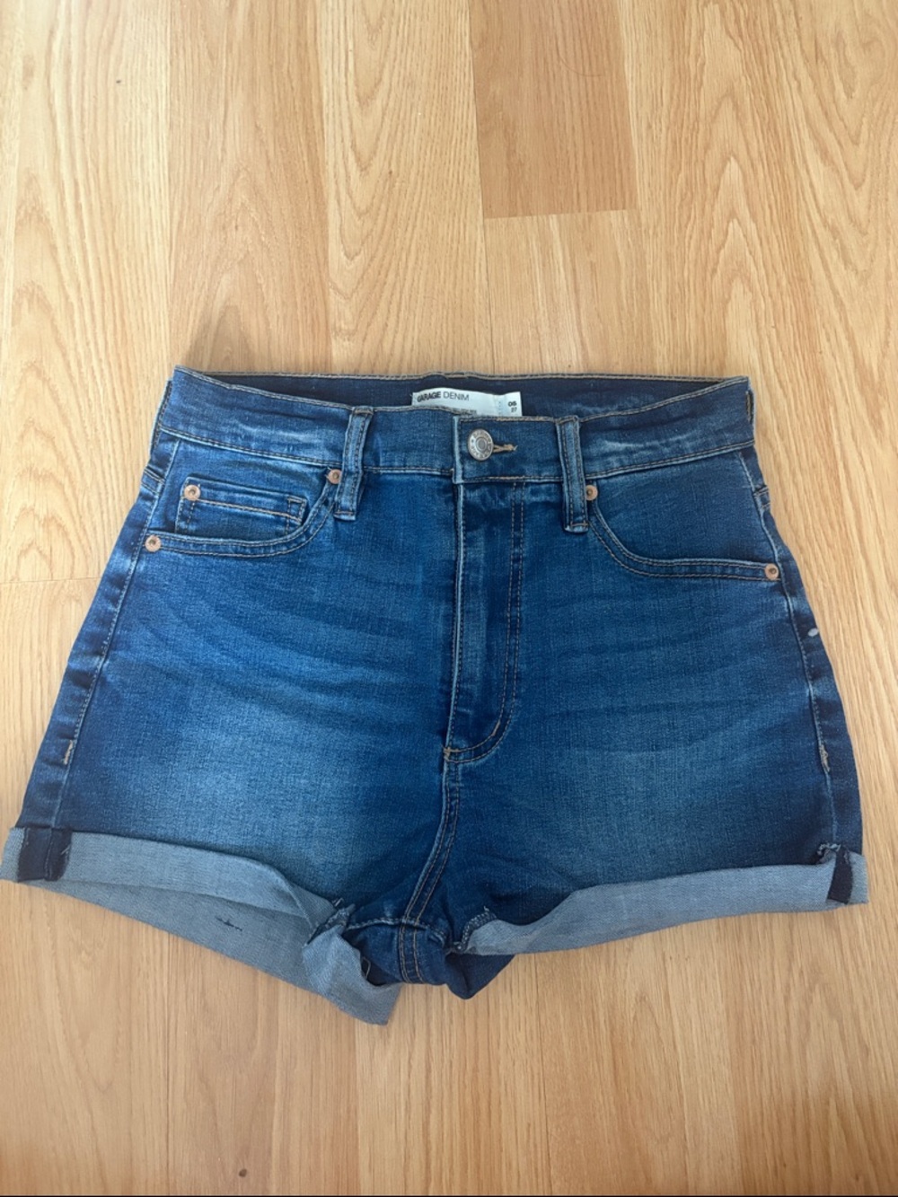 Garage Dark Blue High-Rise Rolled Hem Jean Shorts